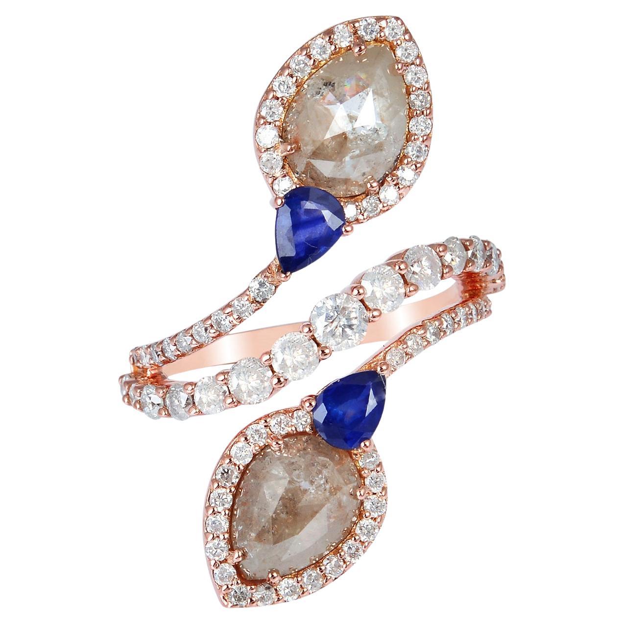 Ice Diamond & Blue Sapphire Spiral Ring Made In 18k Rose Gold