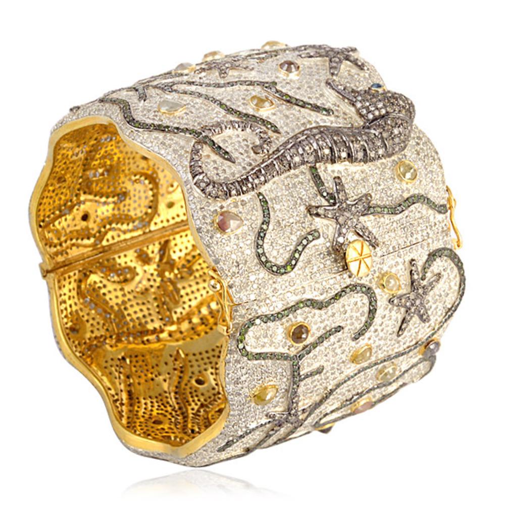 Art Nouveau Ice Diamond Cuff Bracelet With Sea Life Design Made In 18k Gold & Silver For Sale