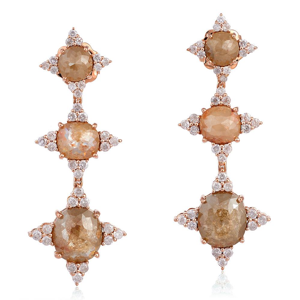 Round Cut Ice Diamond Triple Drop Earring Surrounded by Pave Diamonds Made in 18k Gold For Sale