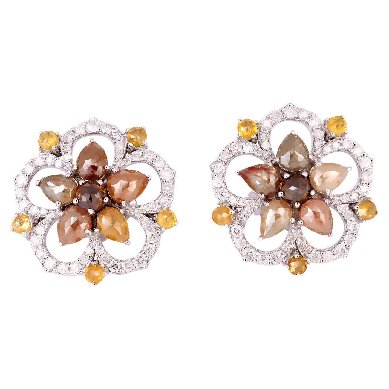 Ice Diamond Flower Shaped Studs Made In 18k Gold For Sale