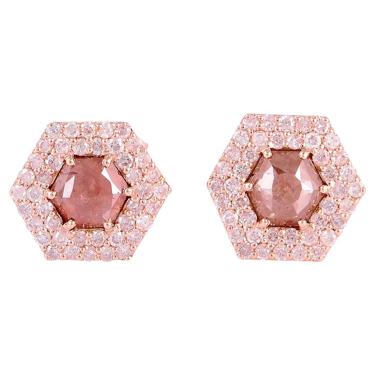 Ice Diamond Hexagon Double Halo Stud Earrings in 18K Rose Gold For Sale