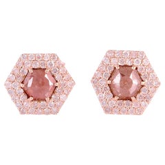 Ice Diamond Hexagon Double Halo Stud Earrings in 18K Rose Gold