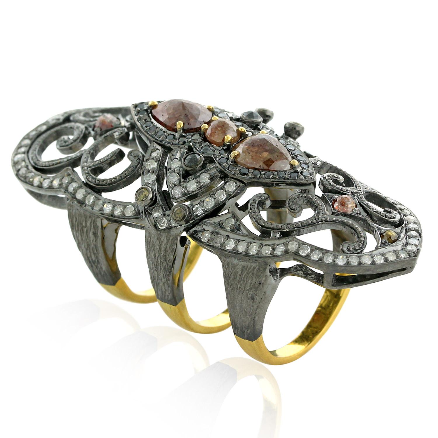 Artisan Ice Diamond Knuckle Ring with Filigree Work & Pave Diamonds in 18k Gold & Silver For Sale