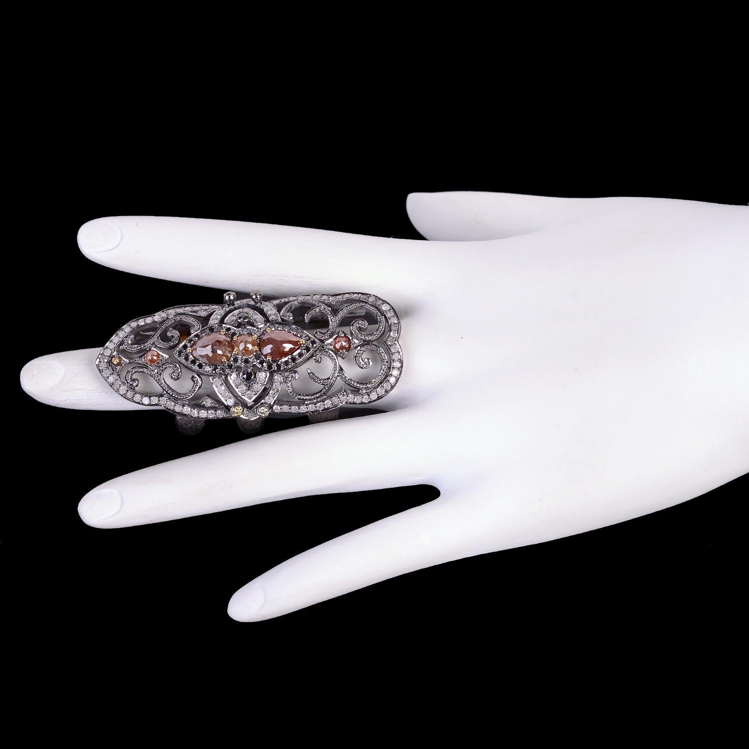 Mixed Cut Ice Diamond Knuckle Ring with Filigree Work & Pave Diamonds in 18k Gold & Silver For Sale