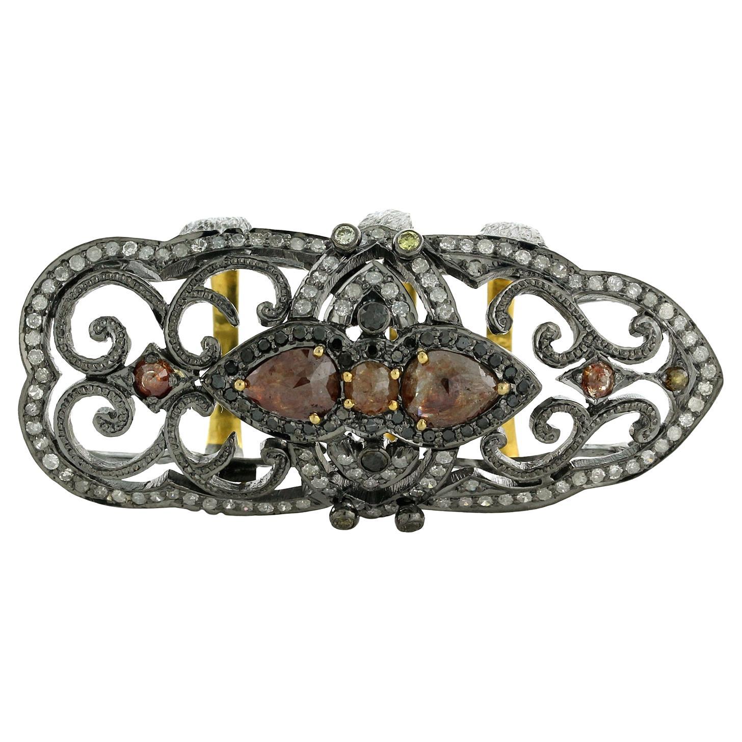 Eis-Diamant-Knuckle-Ring mit filigraner Arbeit und Pavé-Diamanten aus 18 Karat Gold und Silber