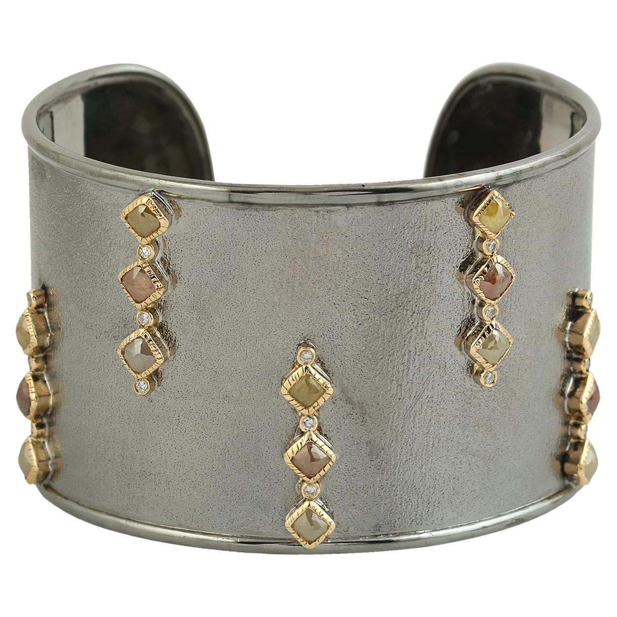 Ice Diamond Mounted Cuff Made In 18k White Gold & Silver