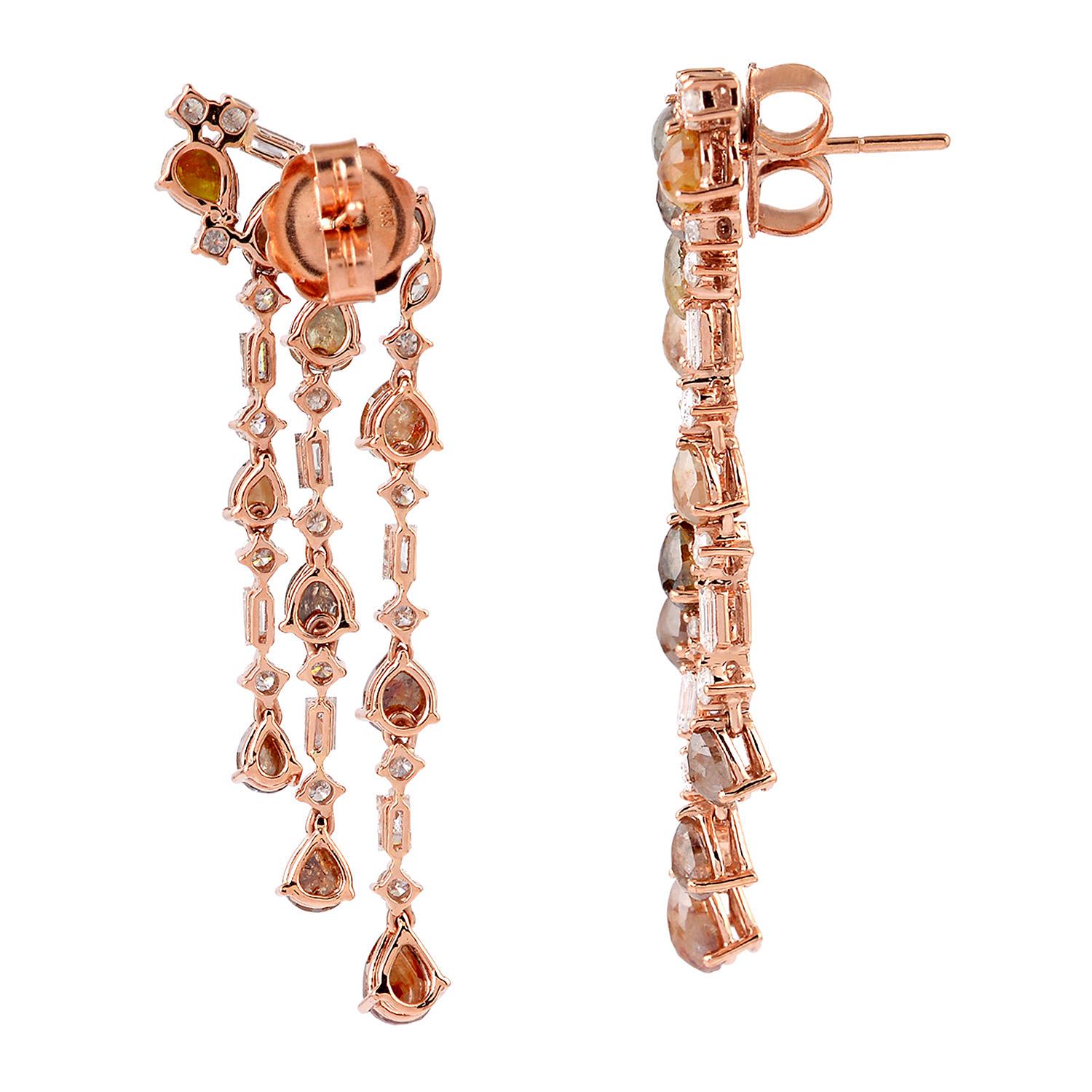 Art Nouveau Orecchino Chandelier con diamanti naturali e diamanti di ghiaccio in oro rosa 18 carati in vendita