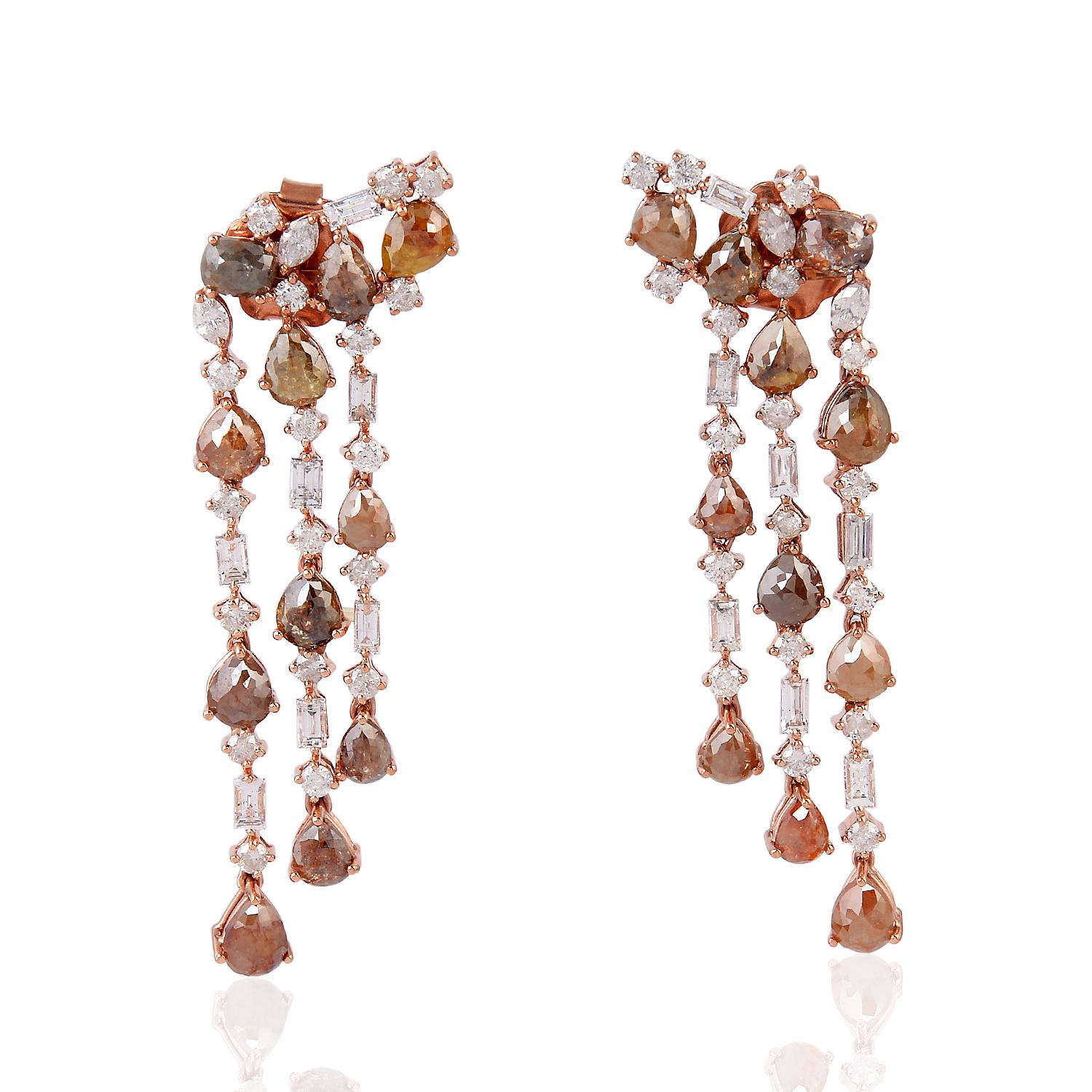 Art Nouveau Ice Diamond & Natural Diamonds Chandelier Earring Made In 18K Rose Gold For Sale