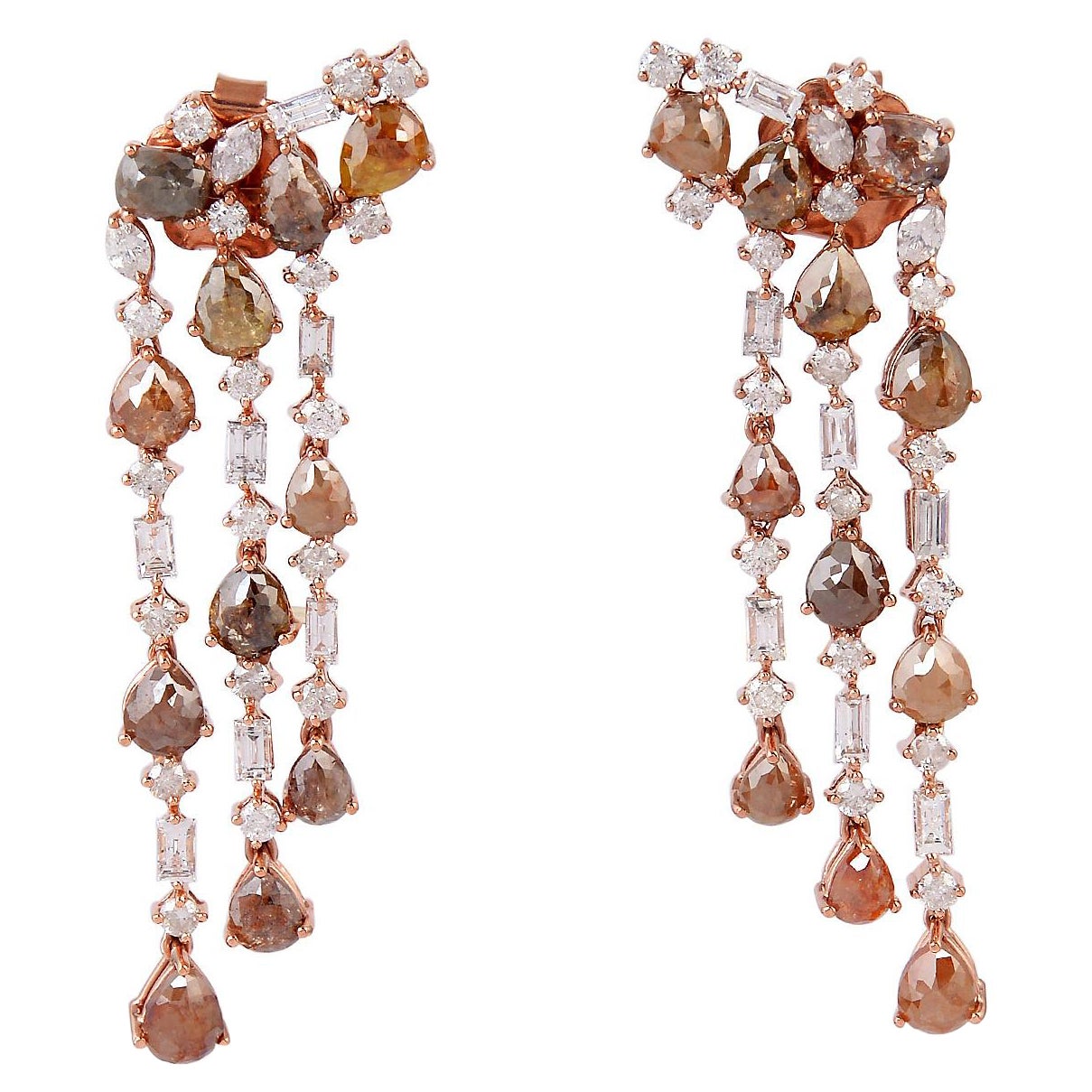 Orecchino Chandelier con diamanti naturali e diamanti di ghiaccio in oro rosa 18 carati in vendita