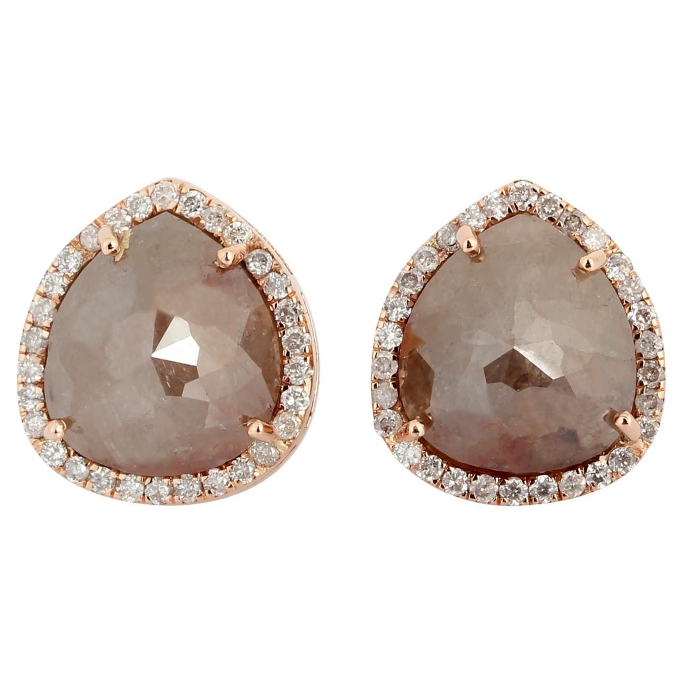 Ice Diamond Stud Earrings Surrounded With Pave Diamonds Made In 18k Rose Gold For Sale