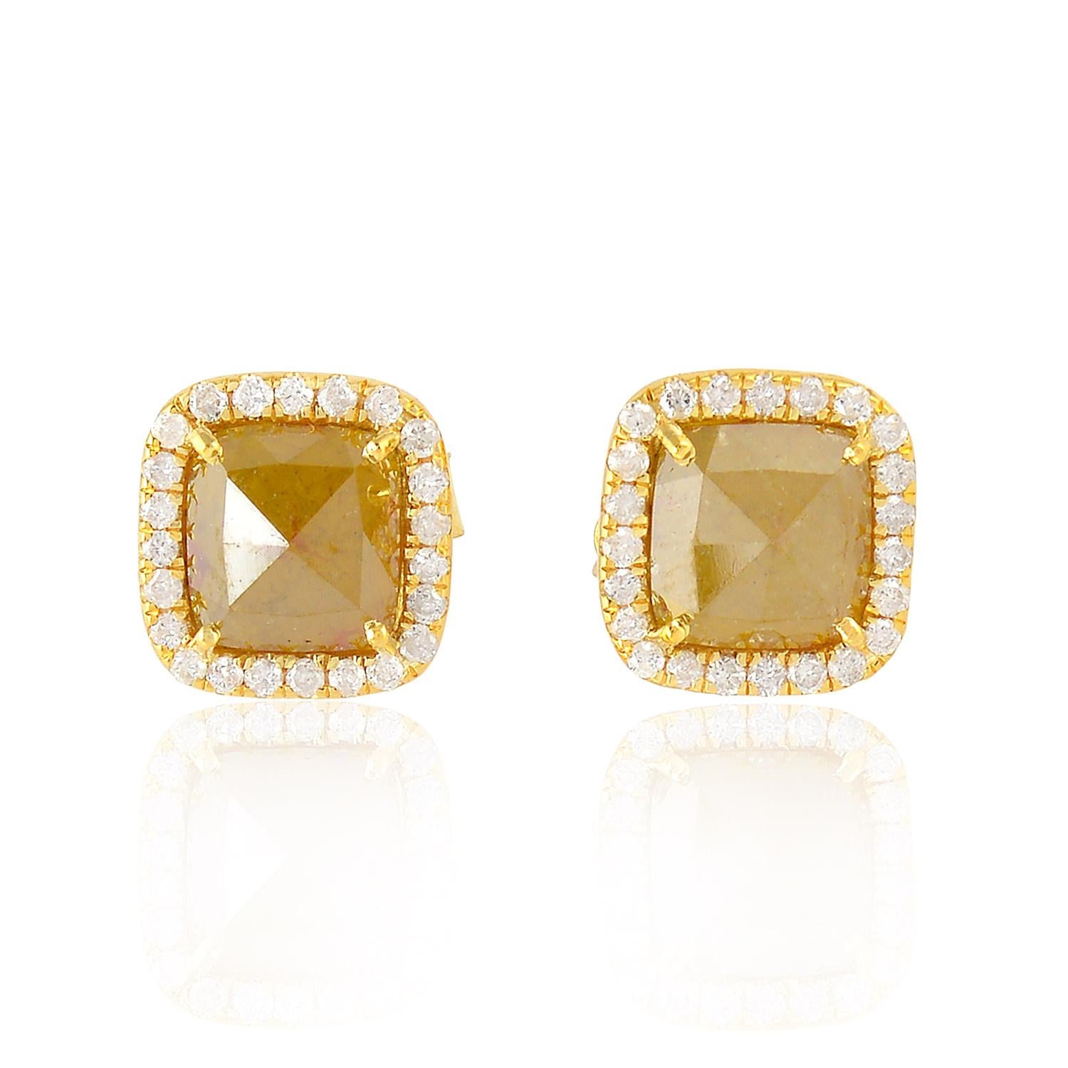 Art Deco Ice Diamond Stud Earrings with Pave Diamonds in 18k Yellow Gold For Sale