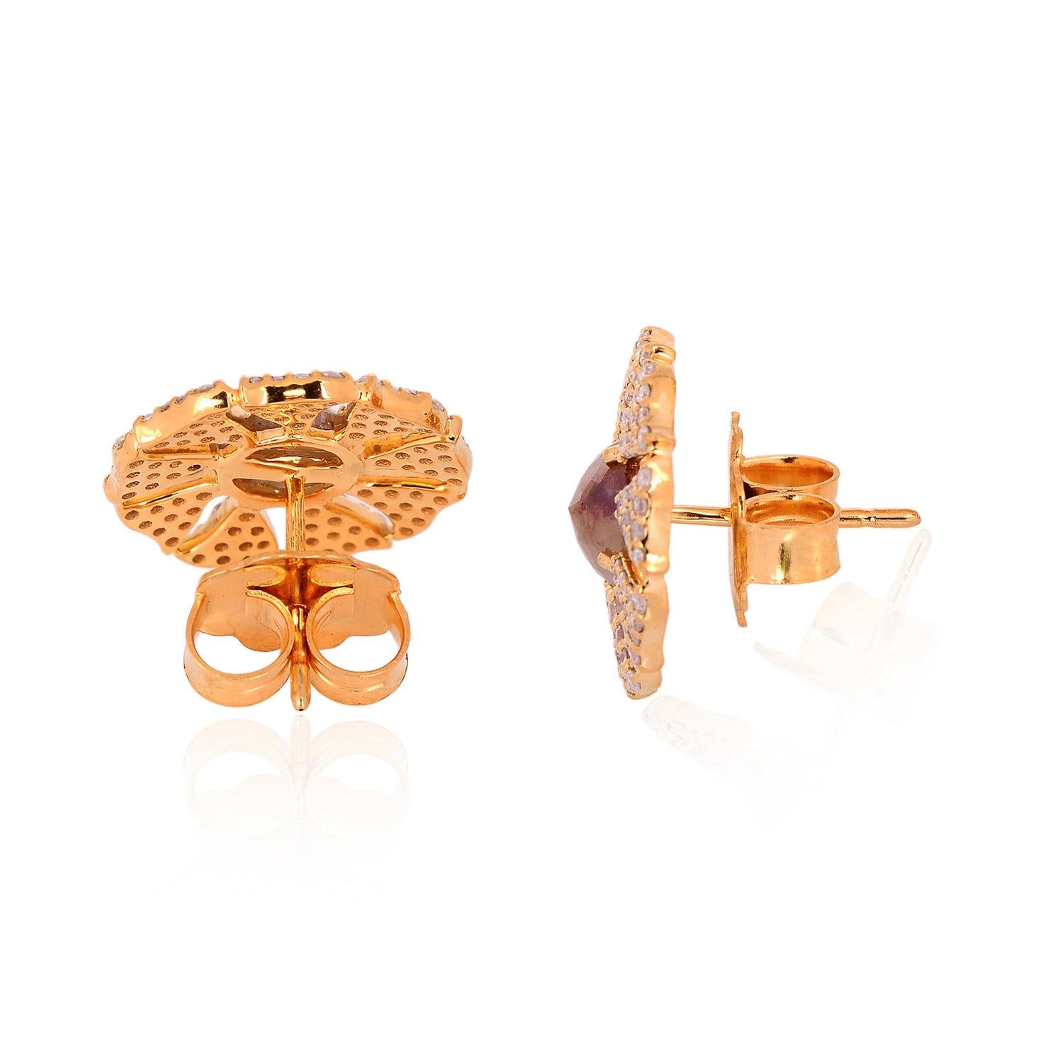 Artisan Ice Diamond Studs Earrings With Pave Diamonds Made In 18k Rose Gold For Sale