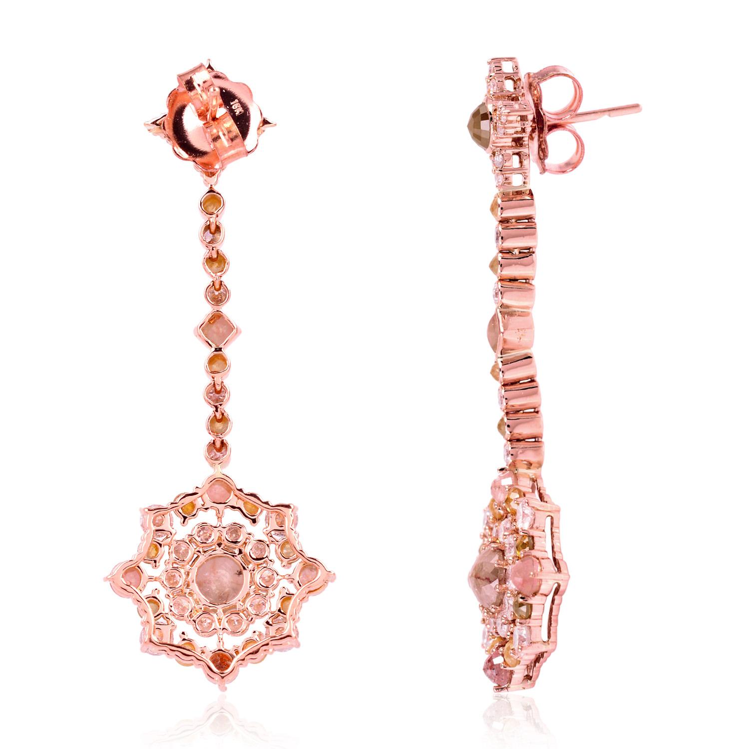 Artisan Ice Diamonds Earring with Flower Design Made in 18k Rose Gold For Sale
