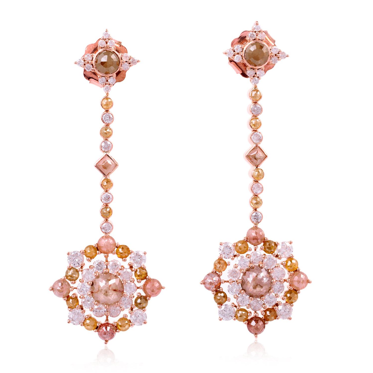 Mixed Cut Ice Diamonds Earring with Flower Design Made in 18k Rose Gold For Sale