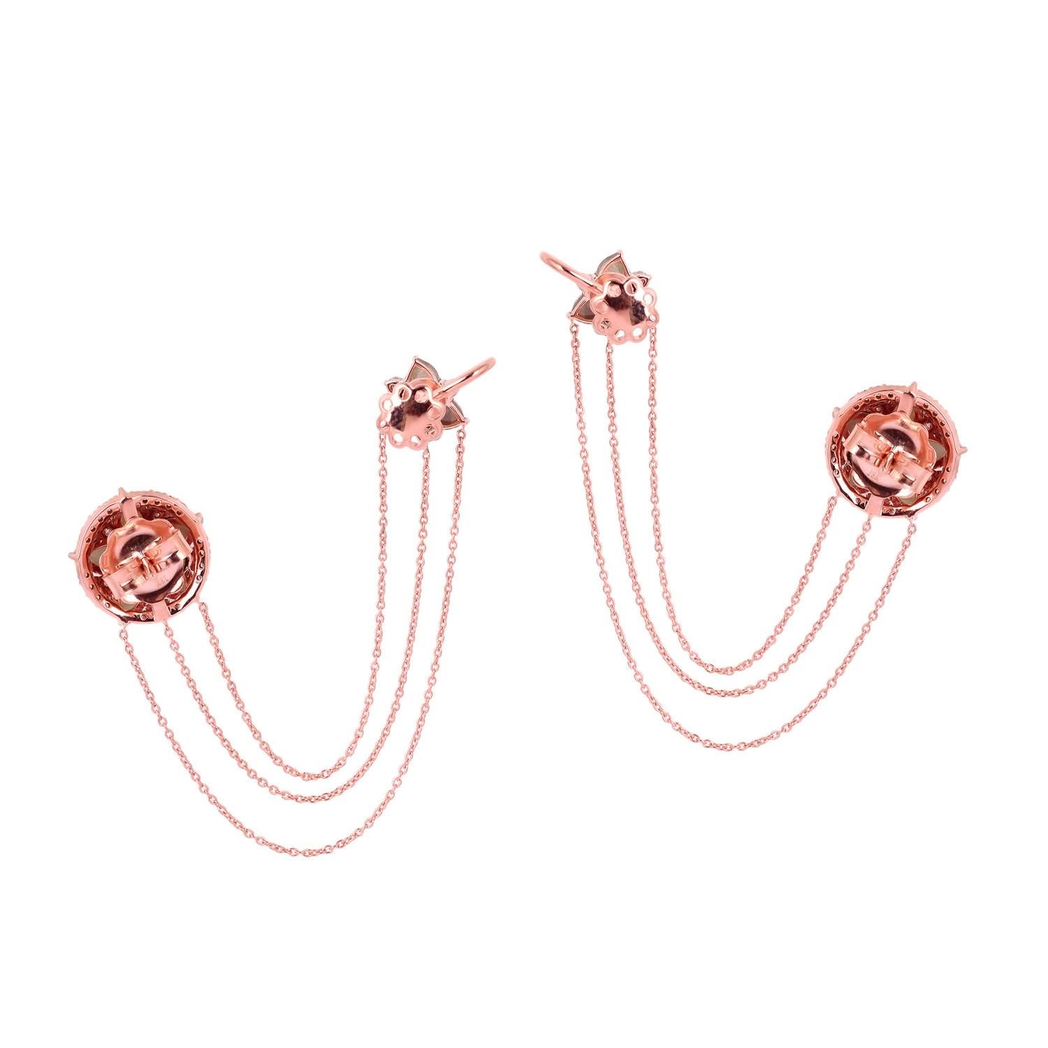 Art Deco Ice Diamonds Flower Shaped Chain Earrings In 18k Gold For Sale