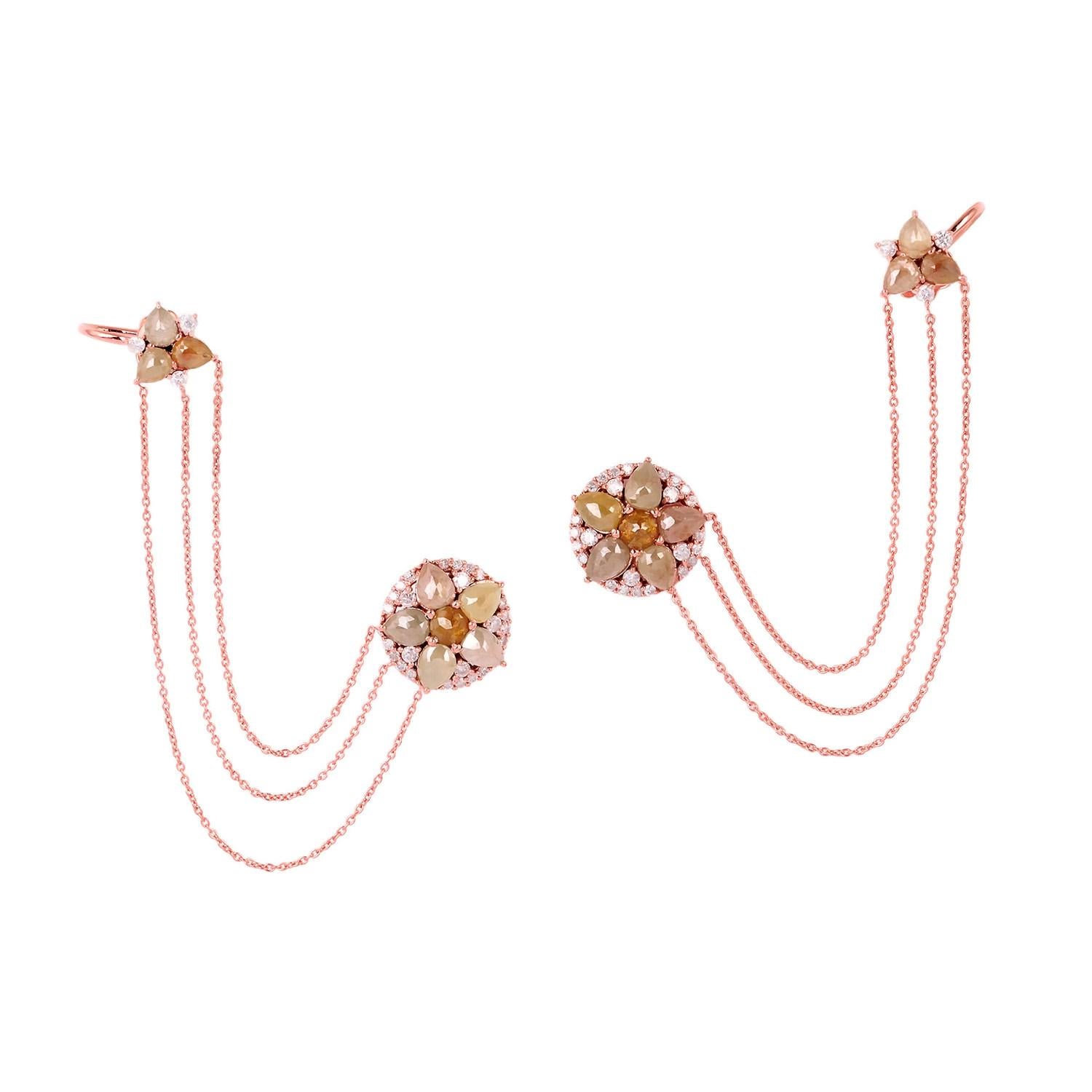 Mixed Cut Ice Diamonds Flower Shaped Chain Earrings In 18k Gold For Sale