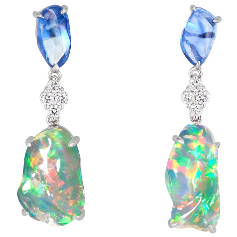 Ice Drops Blue Sapphire Clear Fire Opal and Diamond Earrings