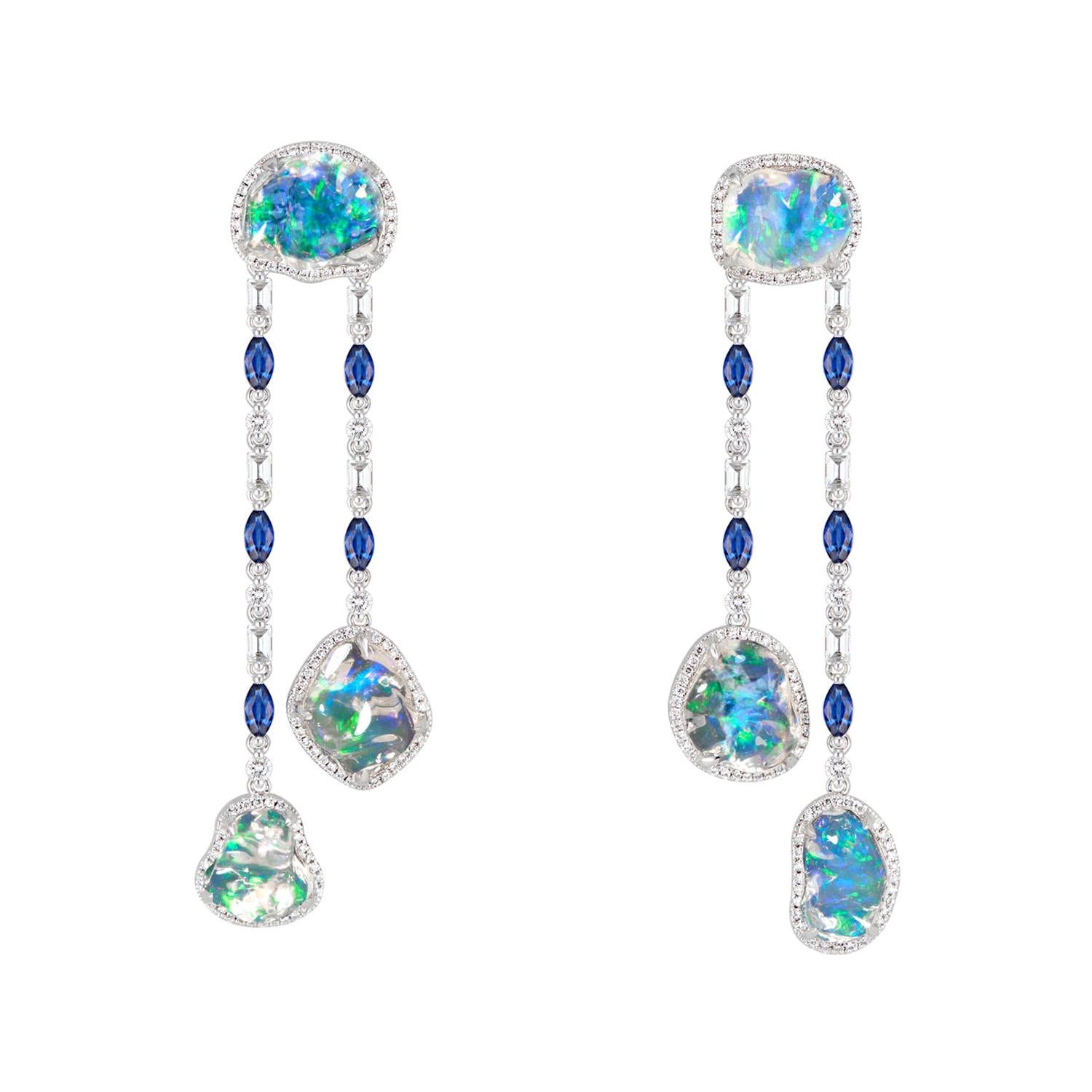 Ice Drops Clear Fire Opal Blue Sapphire and Diamond Earrings