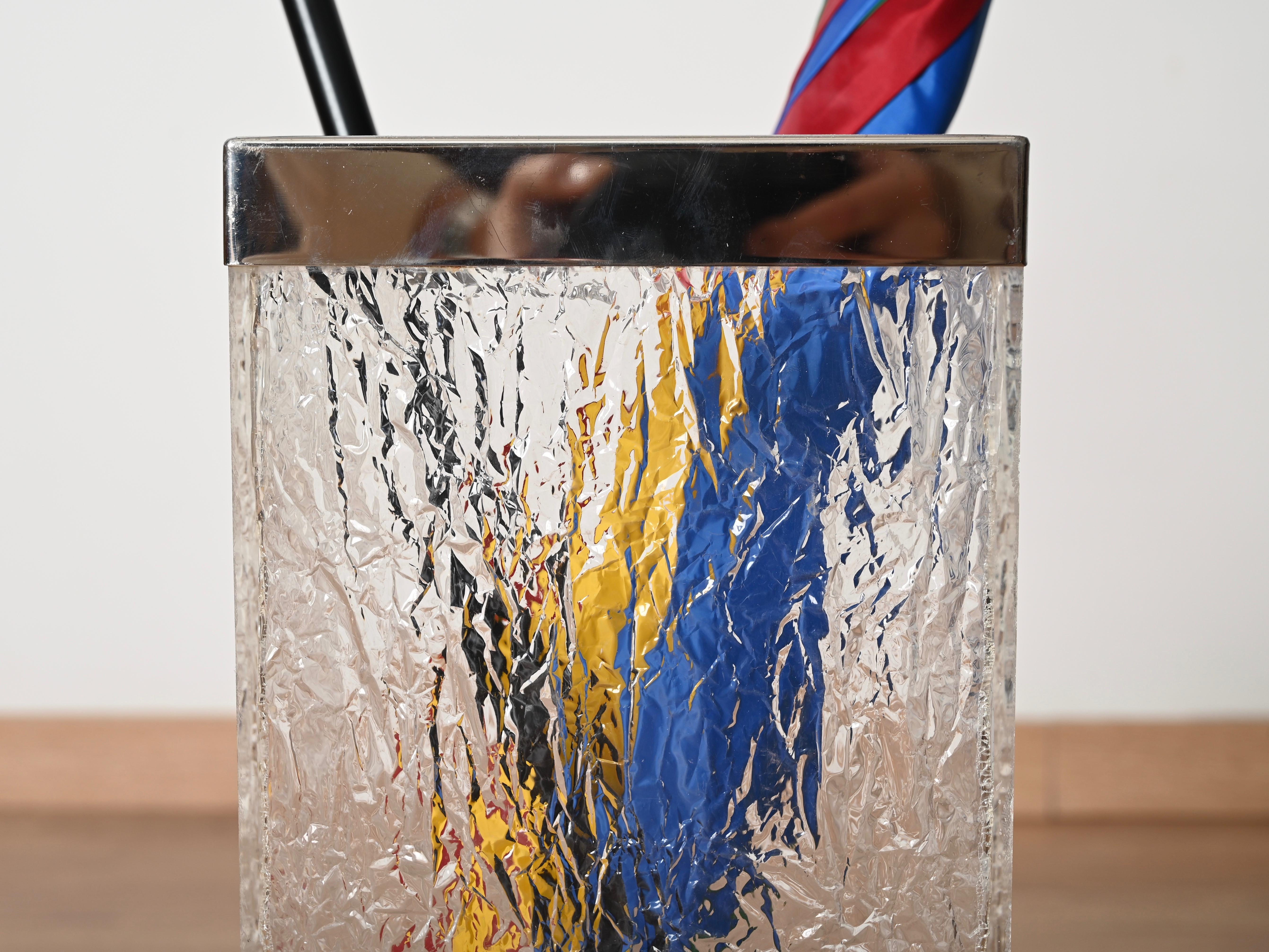 Mid-Century Modern Stand parapluie italien en lucite à effet de glace et chrome, Willy Rizzo, années 1970 en vente