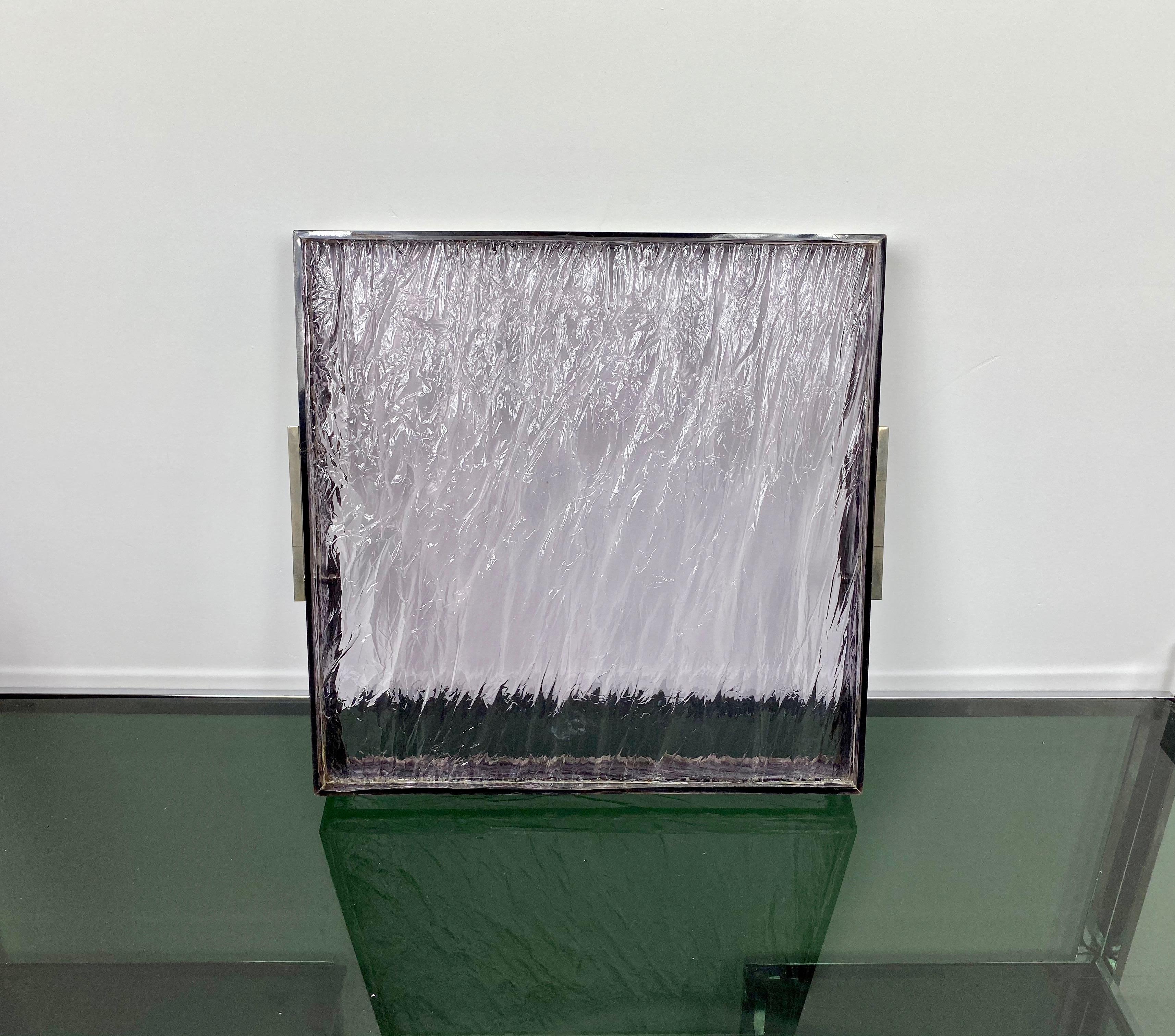 Centro de Mesa Bandeja Efecto Hielo, Lucita y Metal, Estilo Willy Rizzo, Italia, Años 70 en venta 1