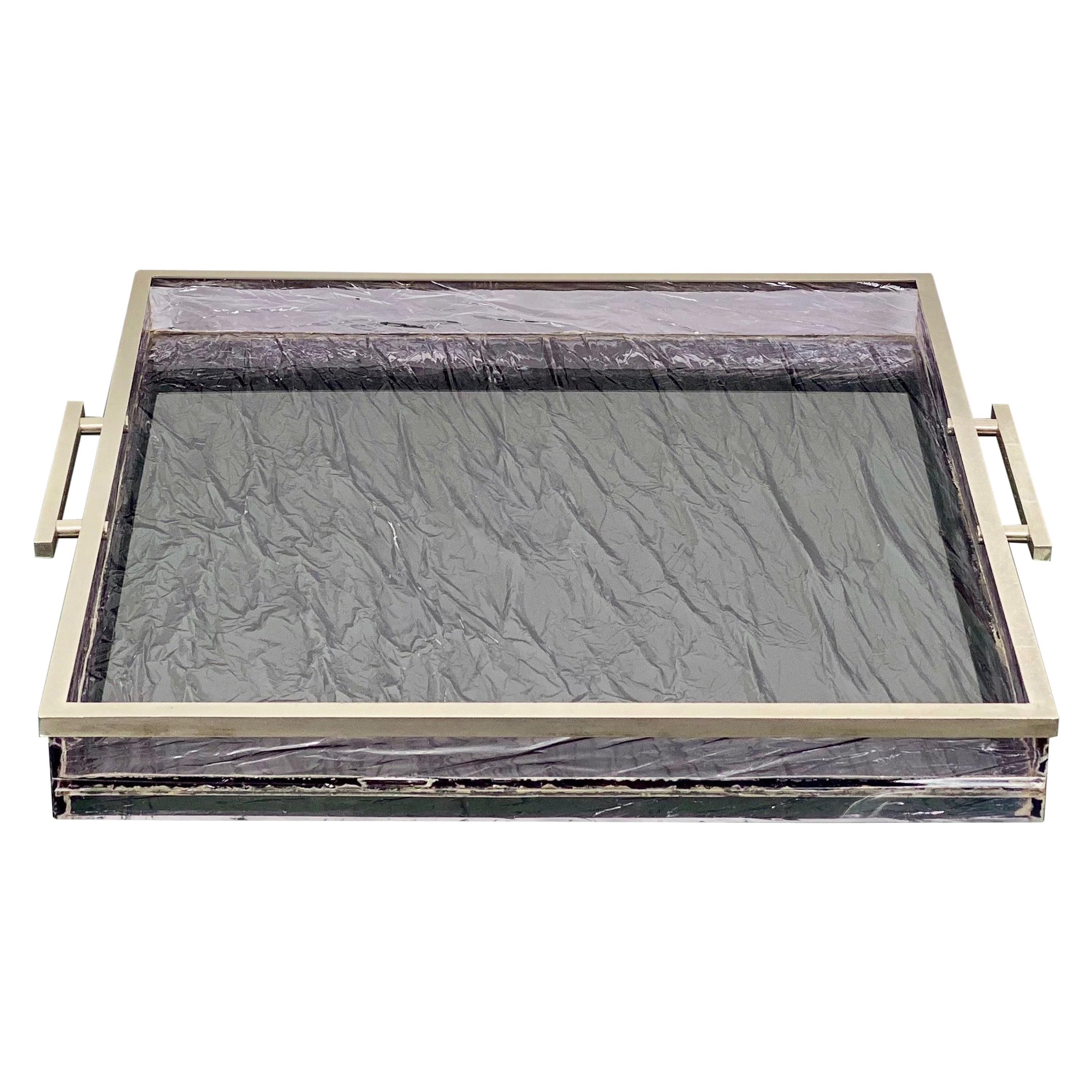 Ice Effect Tray Centrepiece, Lucite and Metal, Willy Rizzo Style, Italy, 1970s