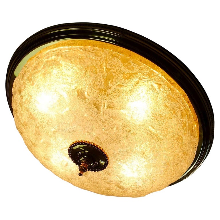 Ice Glass and Brass Ceiling Lamp Flushmount Plafoniere Schroeder and Co.,  1970s For Sale at 1stDibs