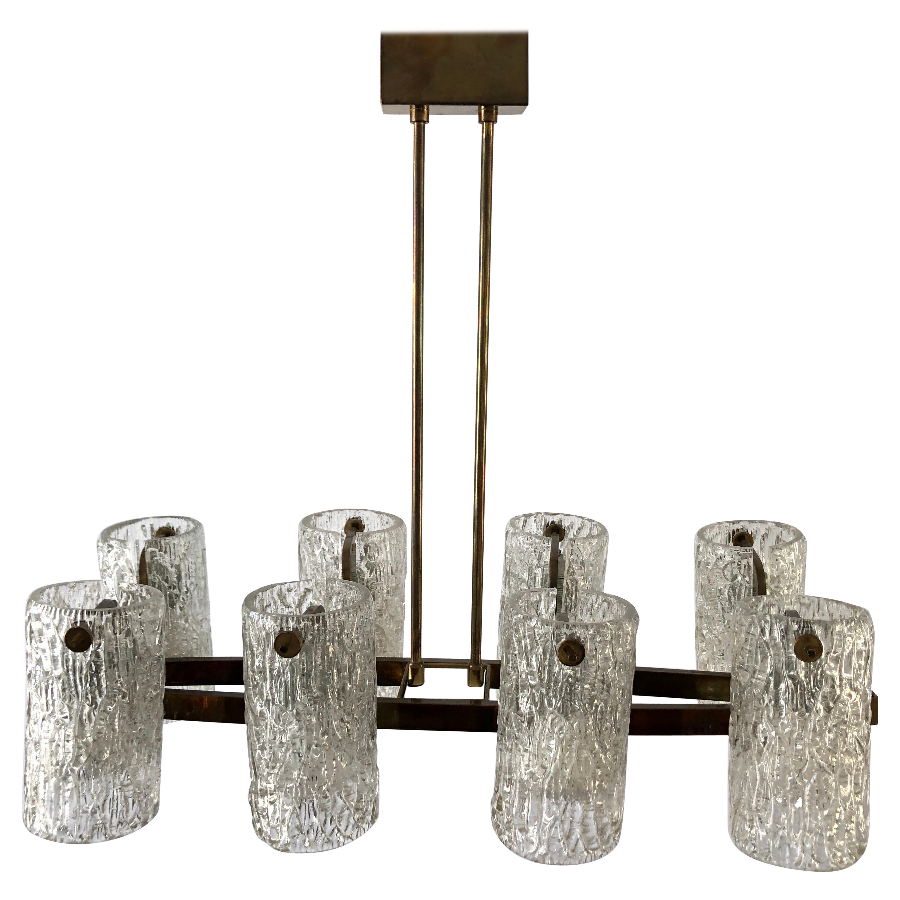 Lámpara de cristal helado y cuerpo de latón de 8 cabezas, años 60, Alemania en venta