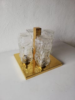 Ice Glass & Brass Flush Mount or Ceiling Lamp by Hillebrand, 1960s Germany