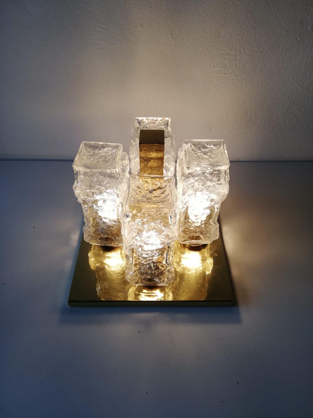 Ice Glass & Brass Flush Mount or Ceiling Lamp by Hillebrand, 1960s Germany In Good Condition For Sale In Hagenbach, DE
