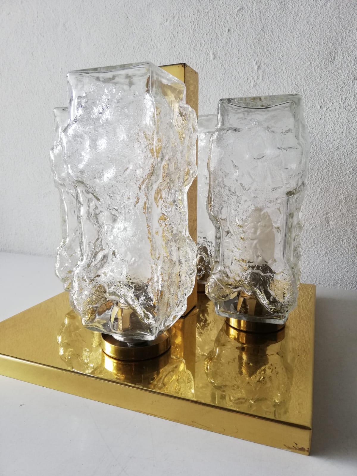 Ice Glass & Brass Flush Mount or Ceiling Lamp by Hillebrand, 1960s Germany For Sale 1