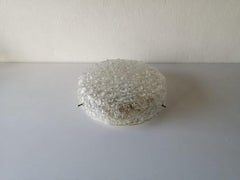 Ice Glass & Brass Round Single Ceiling Lamp by Hillebrand, 1960s Germany