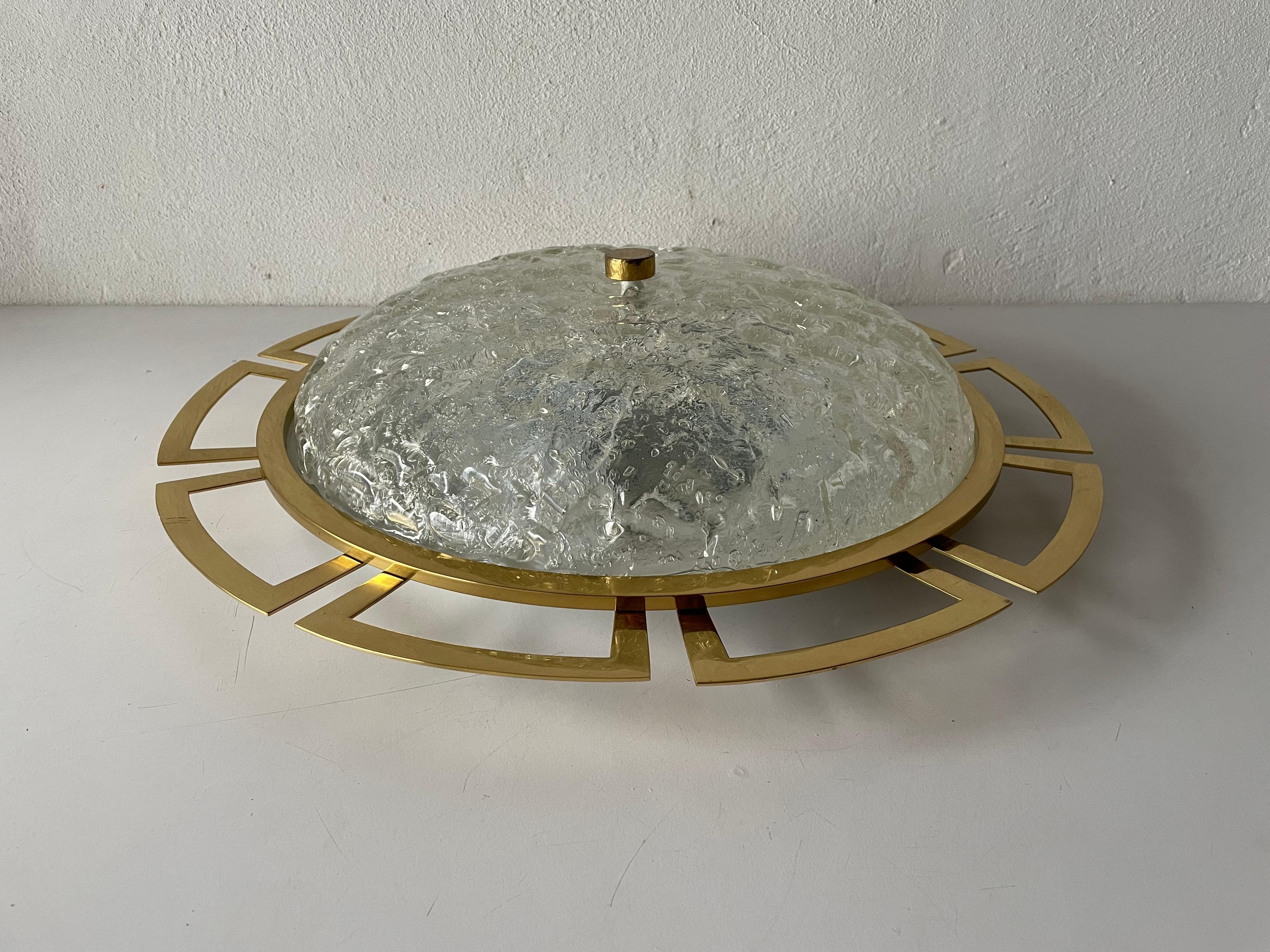 Mid-Century Modern Ice Glass &Brass Sunshine Large Ceiling Lamp by Schröder Leuchten, 1960s Germany For Sale