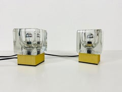 Ice Glass Cube Table Lamps with Brass Base by Peill & Putzler, 1970s, Set