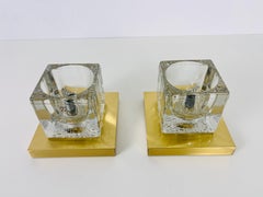 Ice Glass Cube Wall Lamps with Brass Base by Peill & Putzler, 1970s, Set