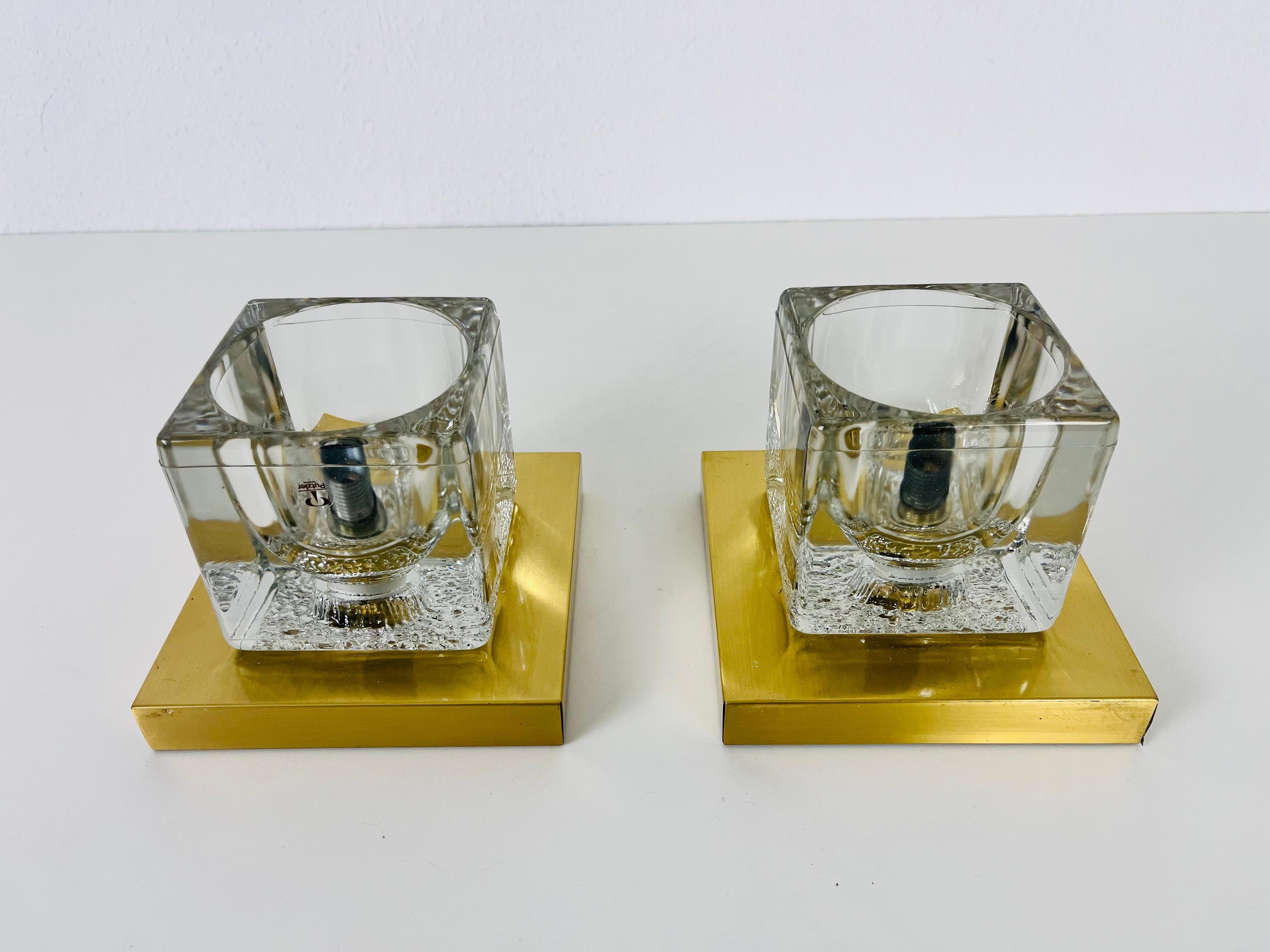Mid-Century Modern Ice Glass Cube Wall Lamps with Brass Base by Peill & Putzler, 1970s, Set For Sale