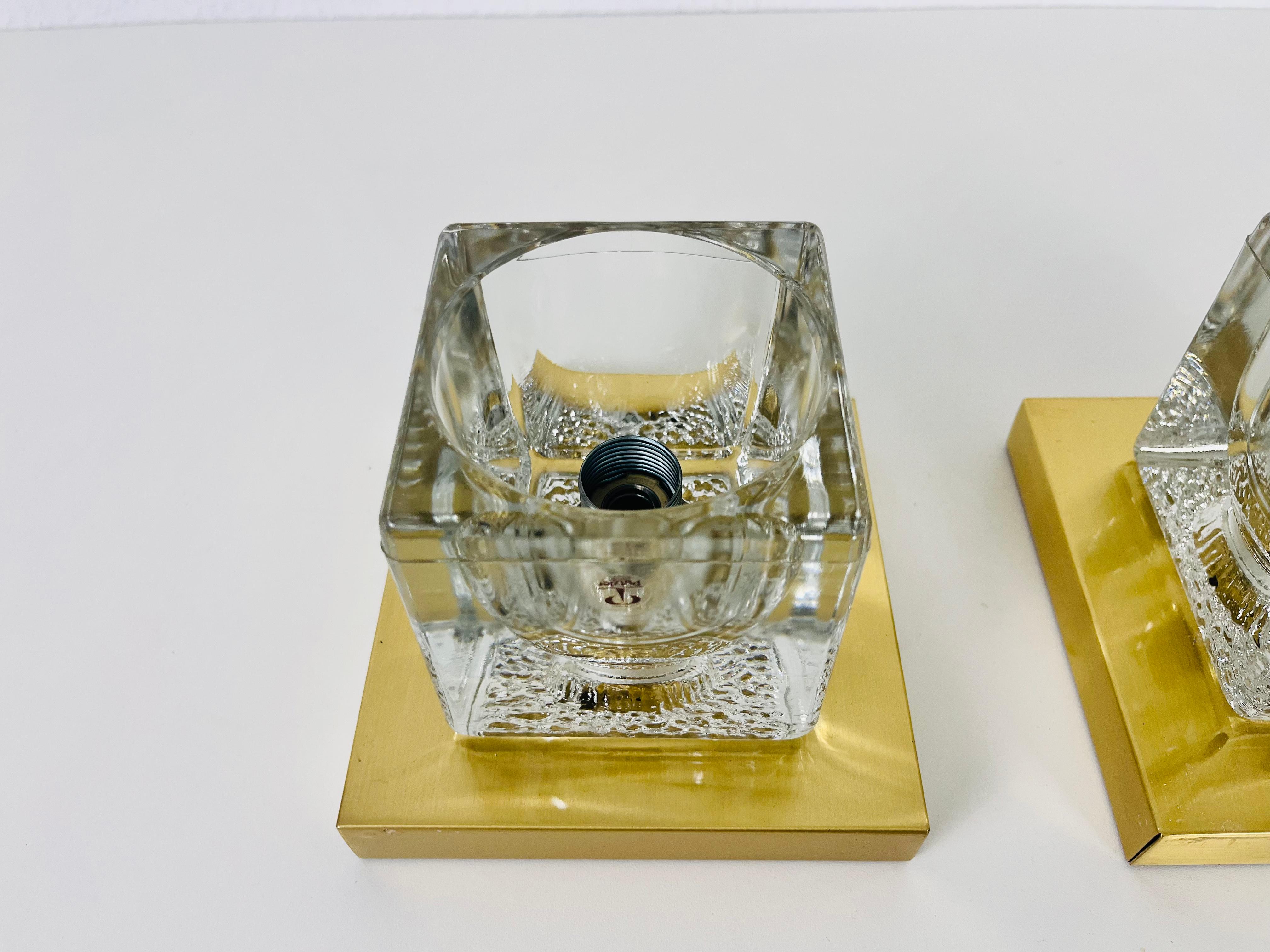 German Ice Glass Cube Wall Lamps with Brass Base by Peill & Putzler, 1970s, Set For Sale