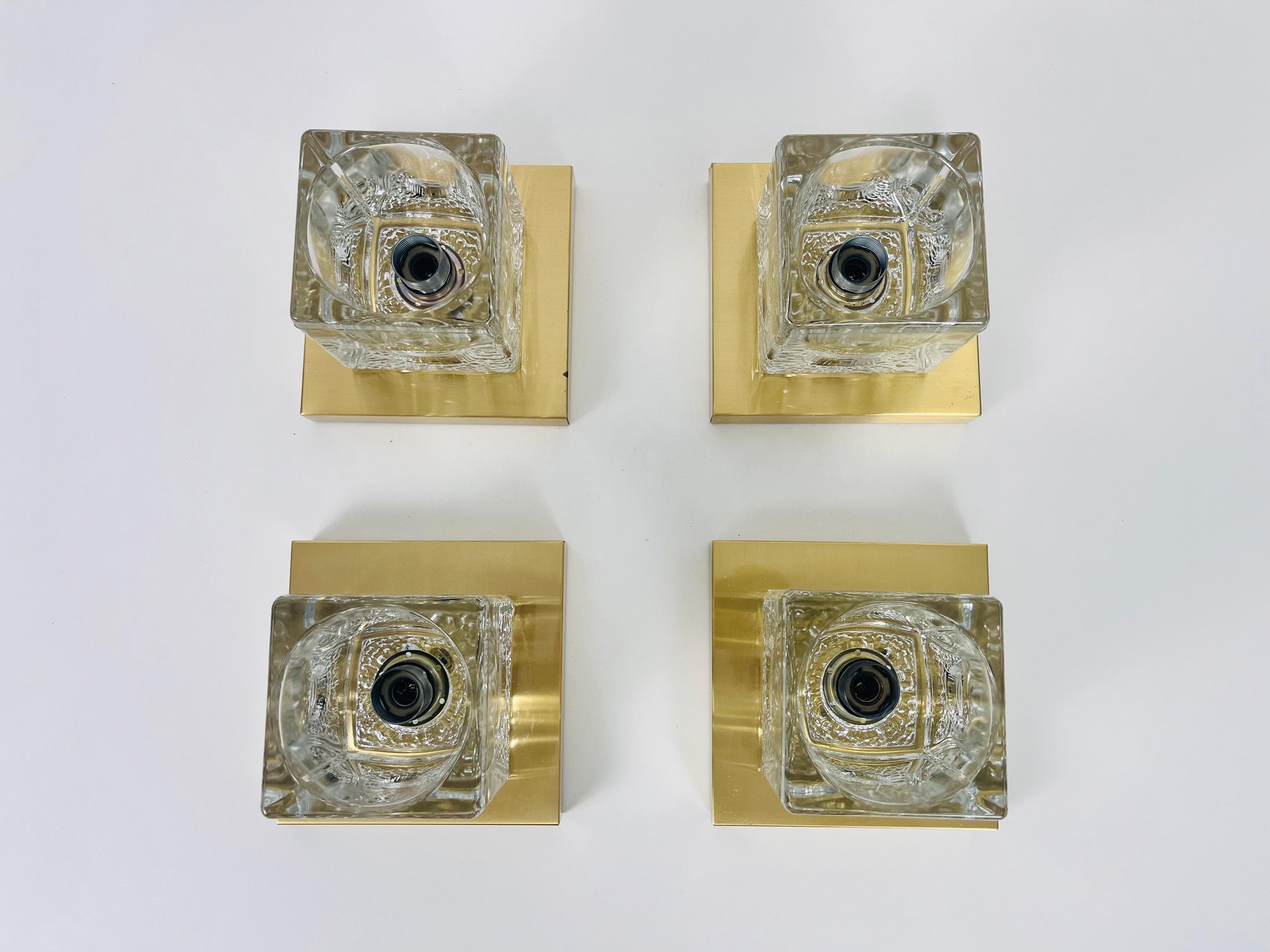 Late 20th Century Ice Glass Cube Wall Lamps with Brass Base by Peill & Putzler, 1970s, Set For Sale