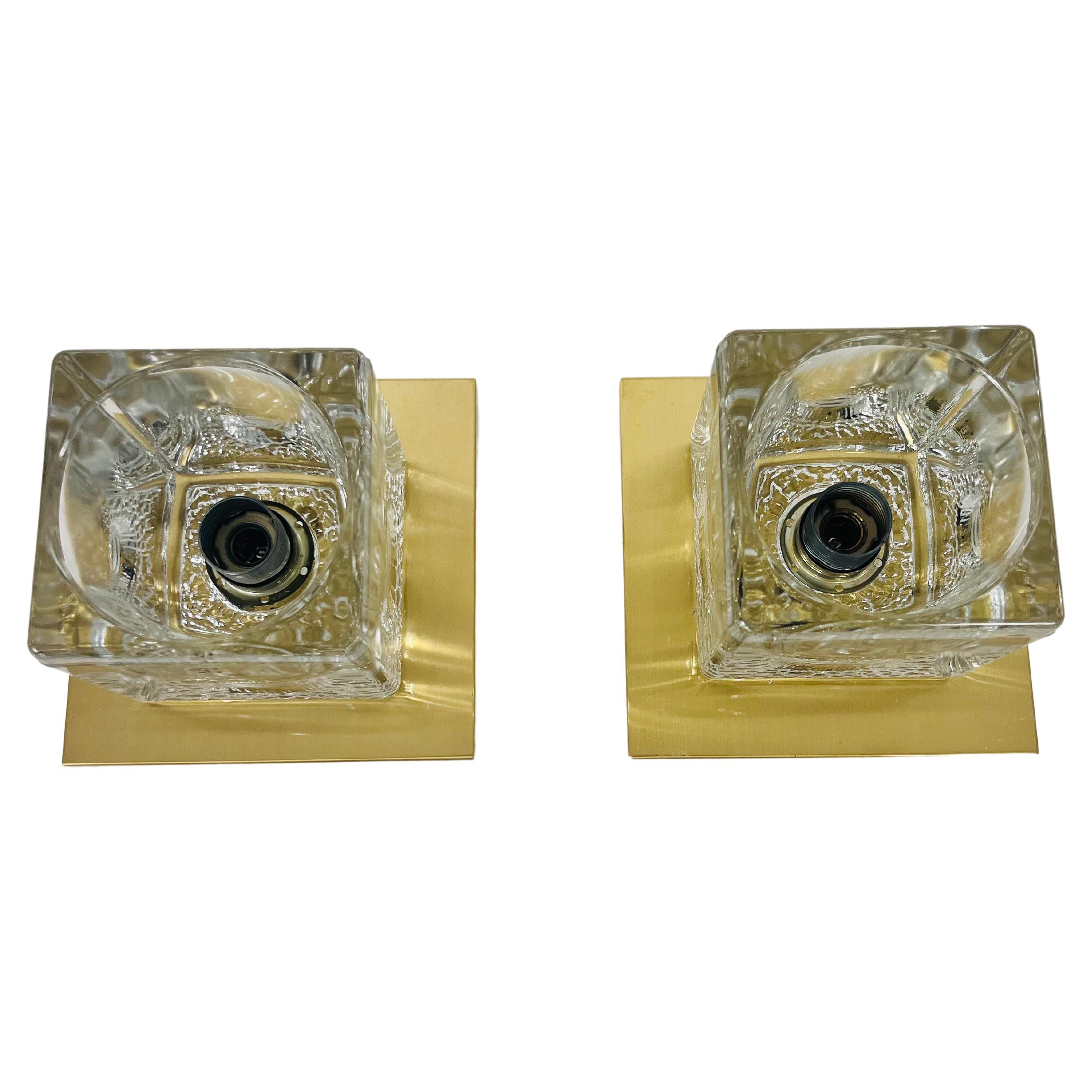 Ice Glass Cube Wall Lamps with Brass Base by Peill & Putzler, 1970s, Set For Sale