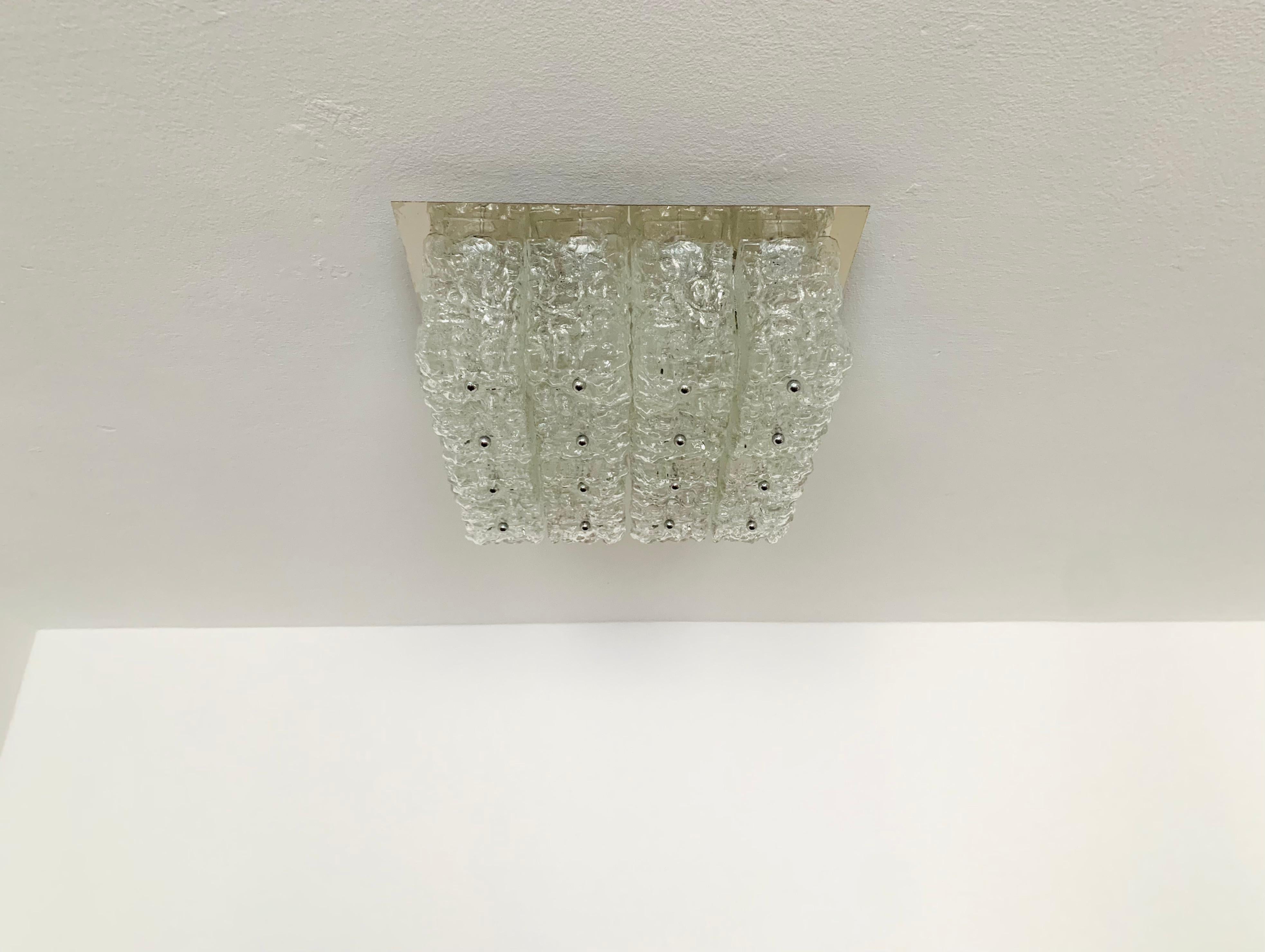 German Ice Glass Flush Light by Glashütte Limburg For Sale