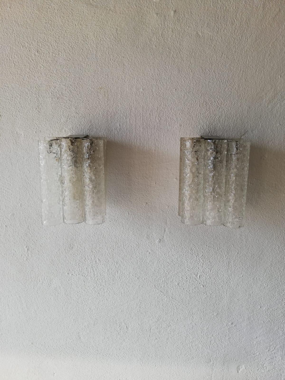 Mid-Century Modern Ice Glass Tubes Pair of Sconces by Doria Leuchten, 1960s Germany