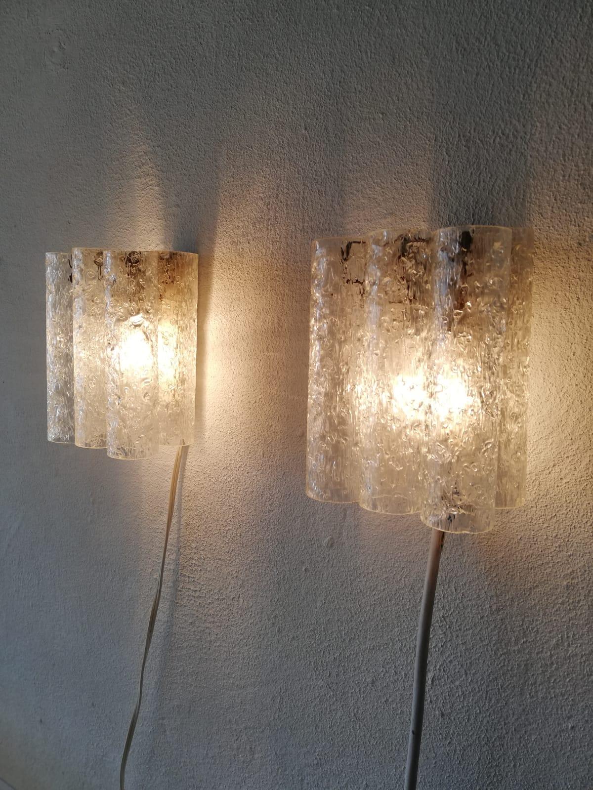 Ice Glass Tubes Pair of Sconces by Doria Leuchten, 1960s Germany In Good Condition In Hagenbach, DE