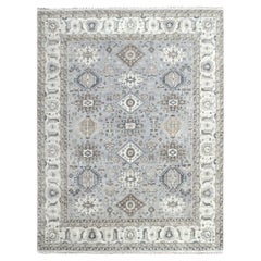 Ice Gray Hand Knotted Karajeh and Geometric Design Organic Wool Rug 7'10" x 9'9"
