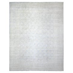 Ice Gray Pure Wool Hand Knotted White Wash Peshawar Oriental Rug 11'9" x 14'3"