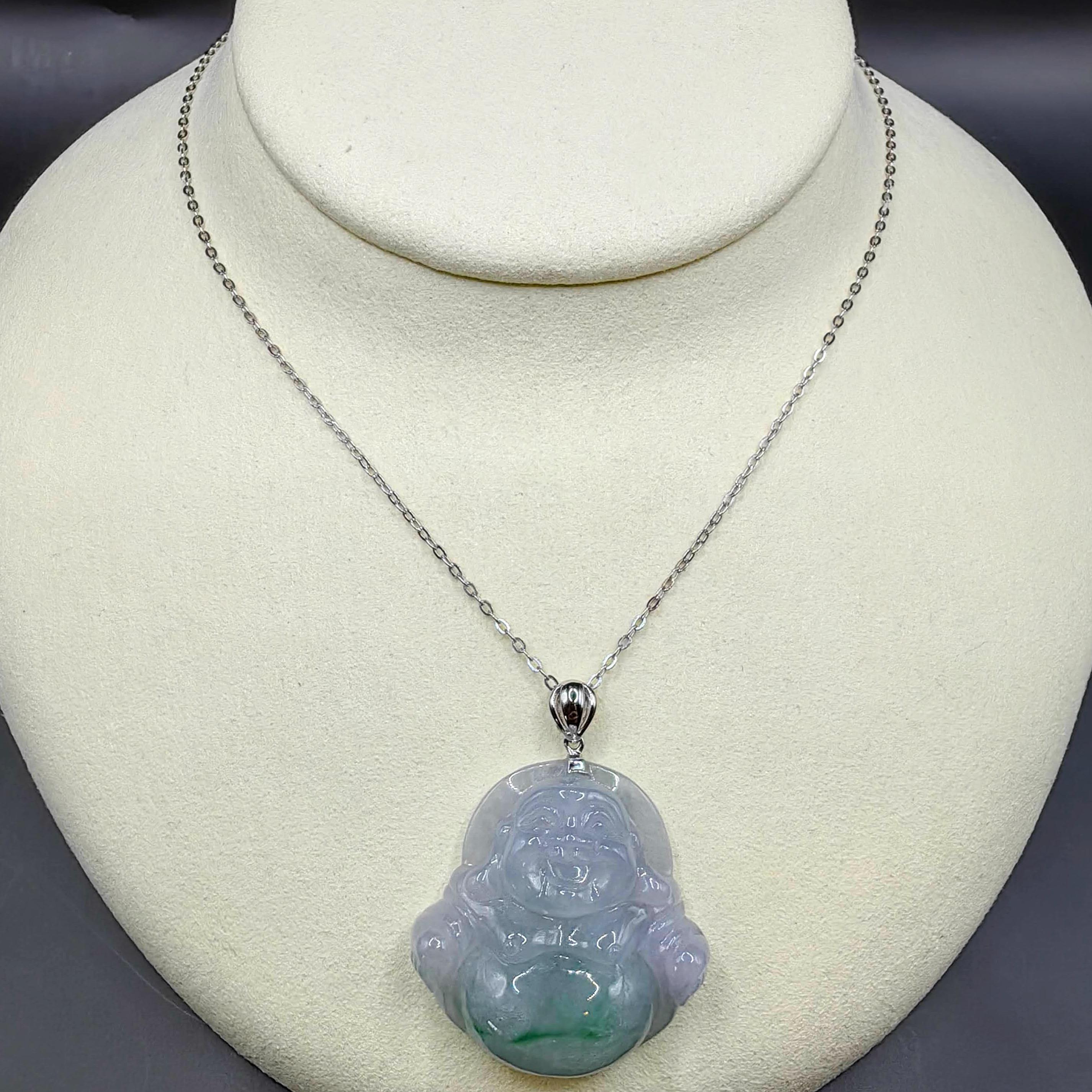 Pendentif bouddha rieur en jade vert glacier et or blanc 18 carats (certifié) en vente 5