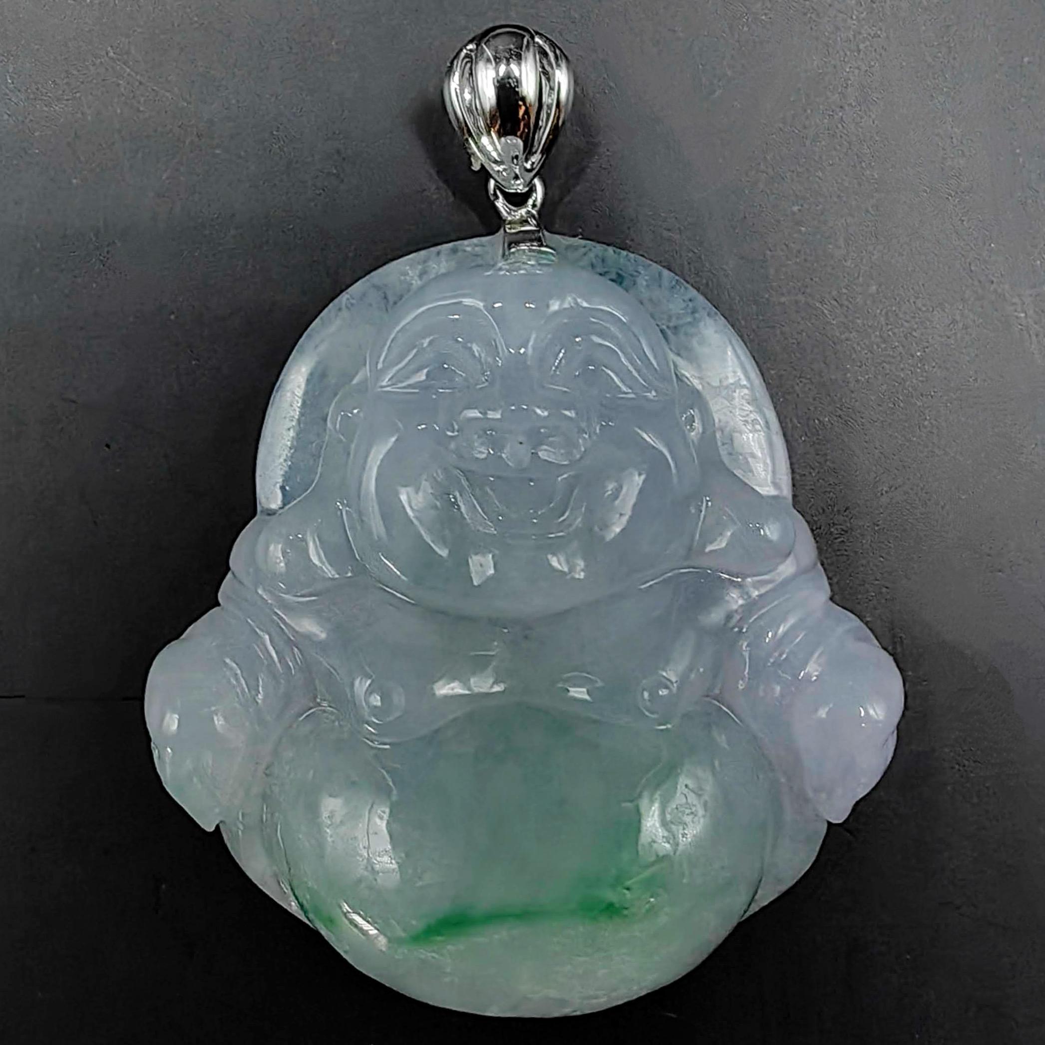 Pendentif bouddha rieur en jade vert glacier et or blanc 18 carats (certifié) en vente 6