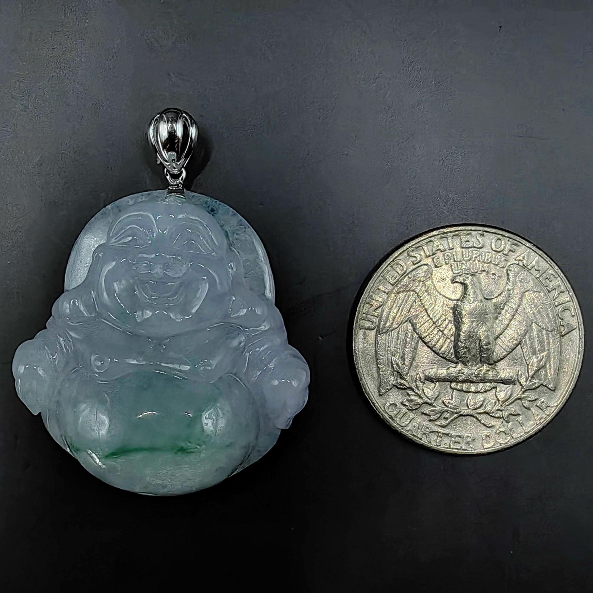 Pendentif bouddha rieur en jade vert glacier et or blanc 18 carats (certifié) en vente 8
