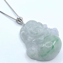 Ice Green Jadeite Jade Laughing Buddha Pendant in 18K White Gold (Certified)