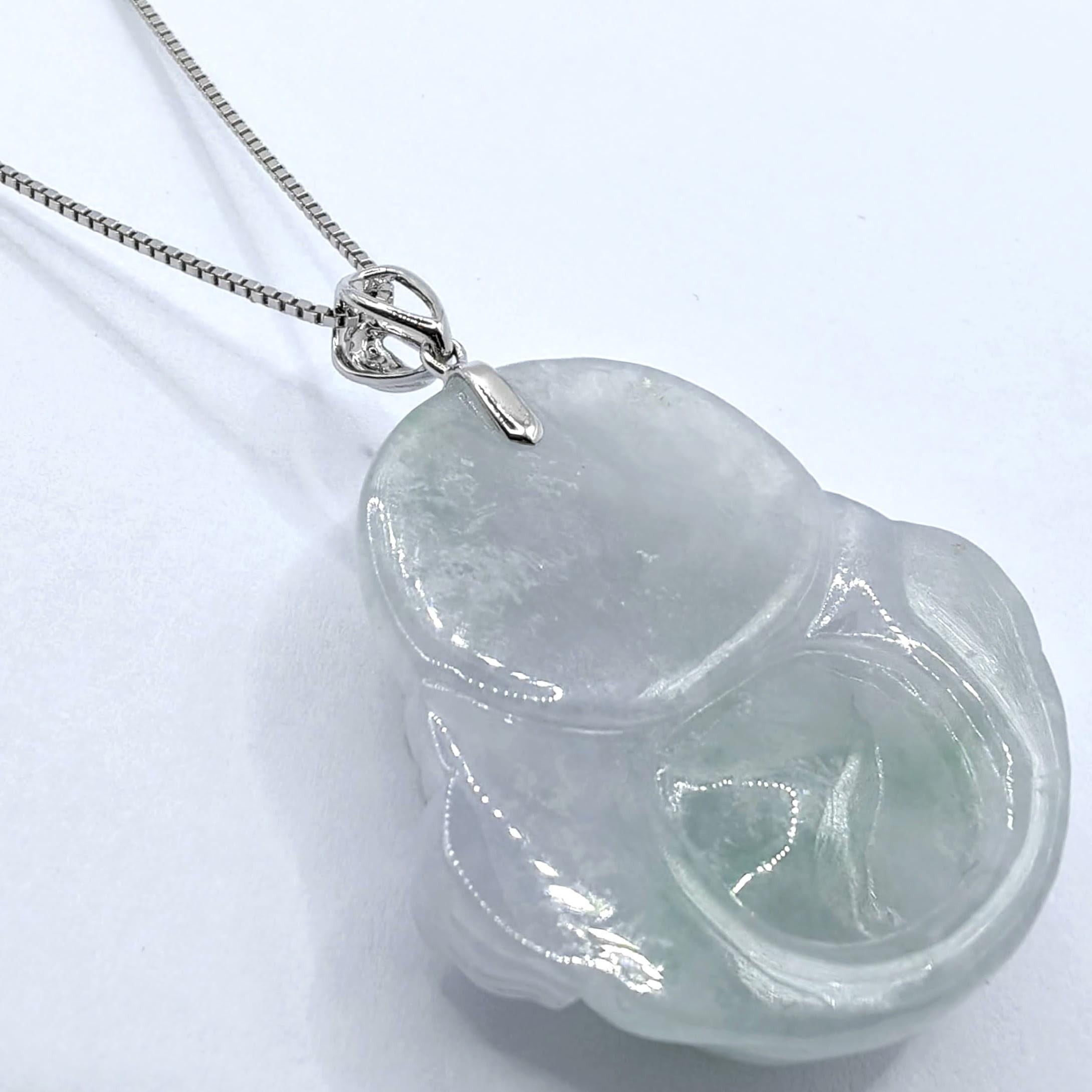 Contemporary Ice Green Jadeite Jade Laughing Buddha Pendant in 18K White Gold (Certified) For Sale