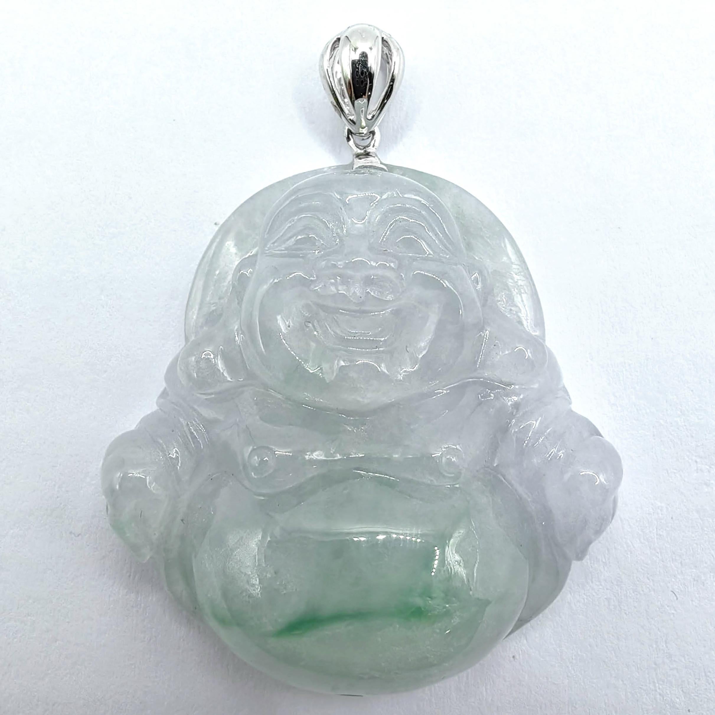 Ice Green Jadeite Jade Laughing Buddha Pendant in 18K White Gold (Certified) In New Condition For Sale In Wan Chai District, HK