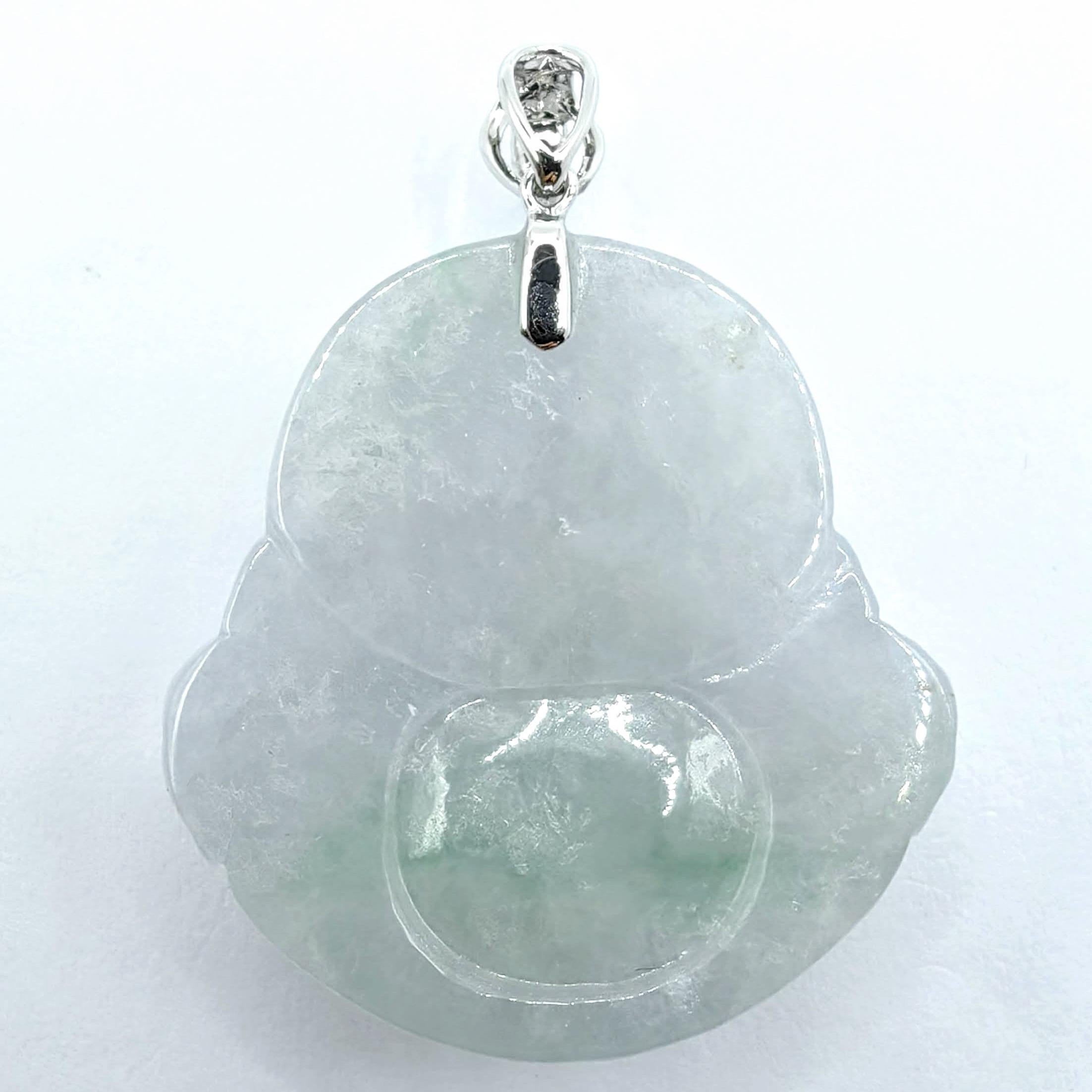Women's or Men's Ice Green Jadeite Jade Laughing Buddha Pendant in 18K White Gold (Certified) For Sale